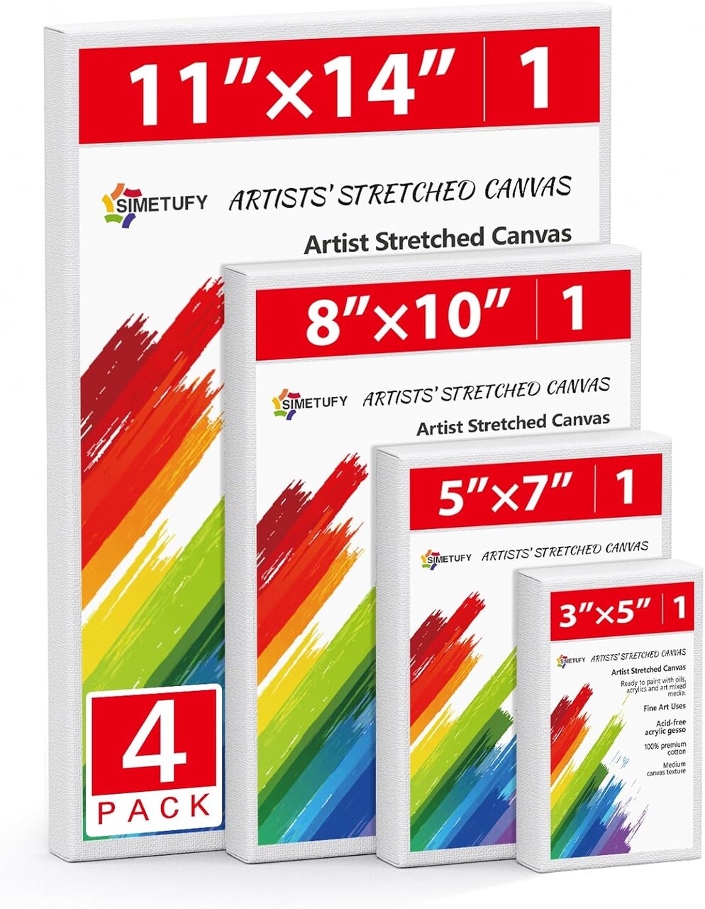 4 Pack Stretched Canvas for Painting Four sizes. Canvas sizes are 3x5, 5x7, 8x10, and 11x14. Set artist framed canvas board, 100% cotton blank canvases. Oil Acrylic Watercolor Paint for Children and Artists.